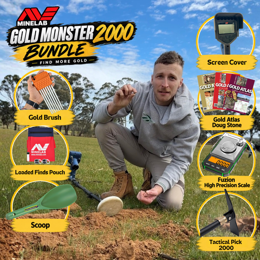 A promotional bundle graphic for the Minelab Gold Monster 2000, featuring a man kneeling in a grassy field with a metal detector on the ground, surrounded by callout circles showing included accessories: gold brush, loaded finds pouch, scoop, screen cover, gold atlas/doug stone, fusion high precision scale, and tactical pick. The Minelab logo and 'Gold Monster 2000 Bundle' text appear prominently.