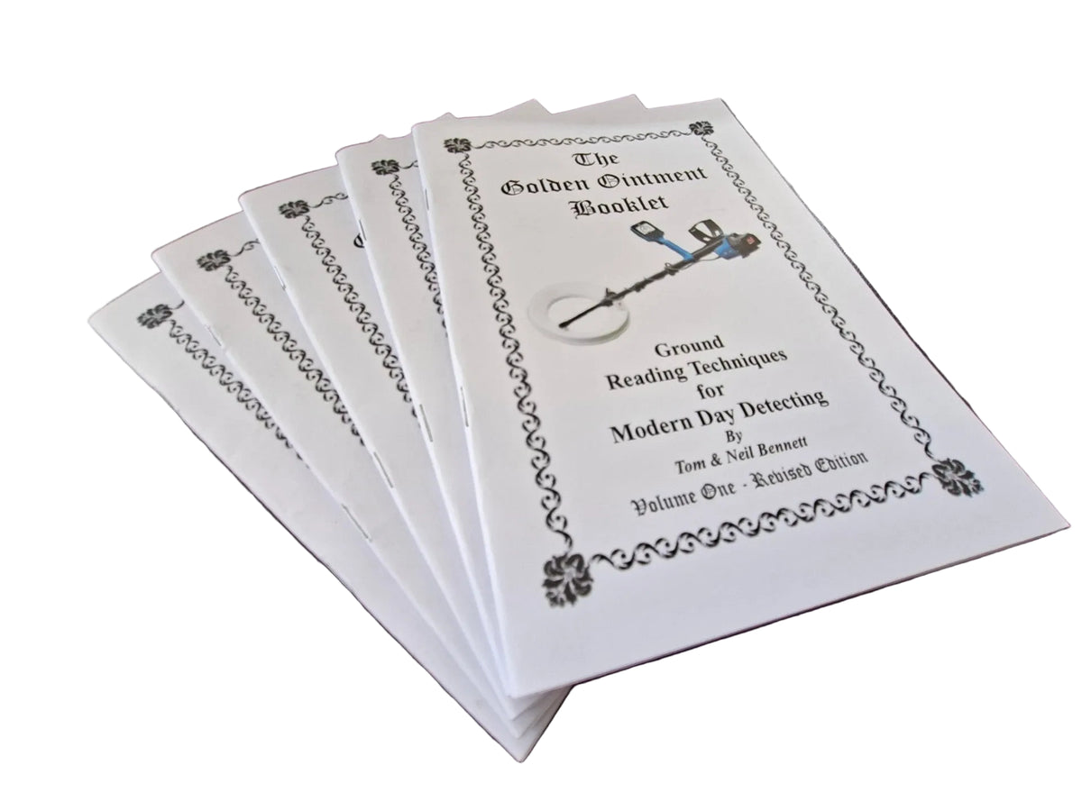 The Golden Ointment Booklet by Tom and Neil Bennett, Volume One Revised Edition, covering ground reading techniques for modern metal detecting.