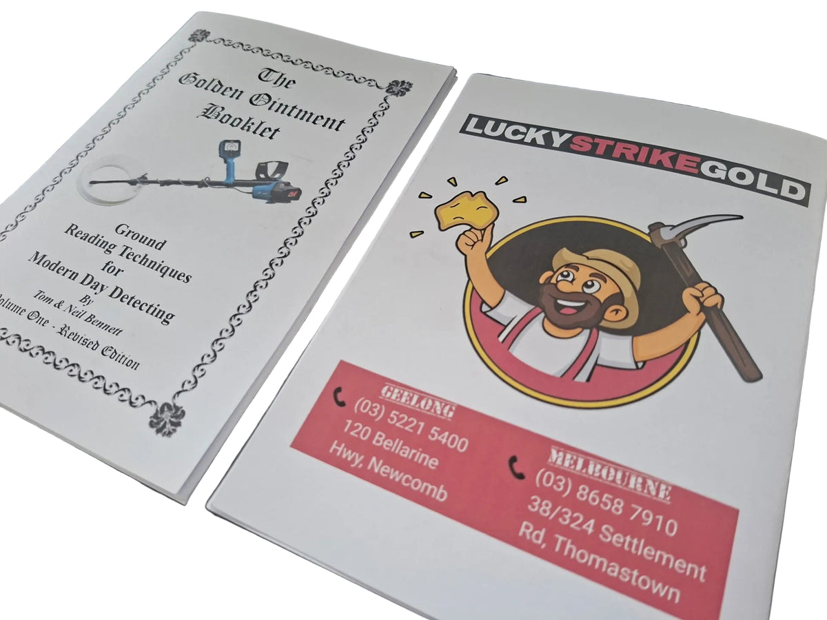 The Golden Ointment Booklet by Tom and Neil Bennett, Volume One Revised Edition, covering ground reading techniques for modern metal detecting.
